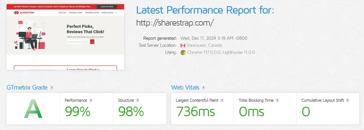 Sharestrap GTMetrix Result